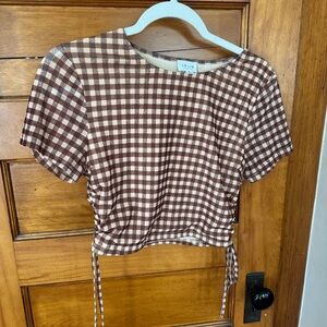 Le Lis Brown and Cream Gingham Cropped Tie-Hem Top